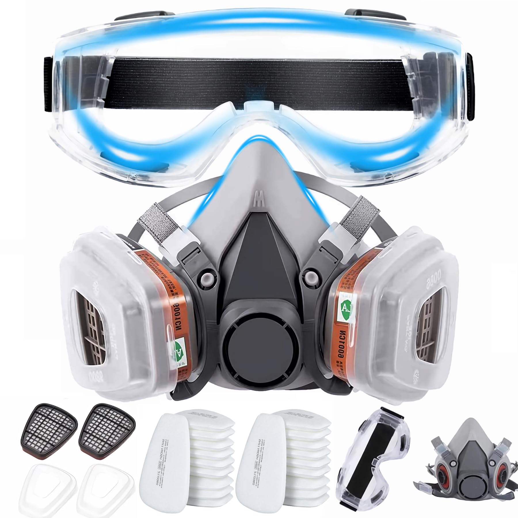 SGTBLV Full Face Respirator Mask, Reusable with Filters, Anti Fog, for Spray Paint, Chemicals, Epoxy Resin, Welding, Sanding, Dust Protection (Half Face Set + 20x Filter Cotton)