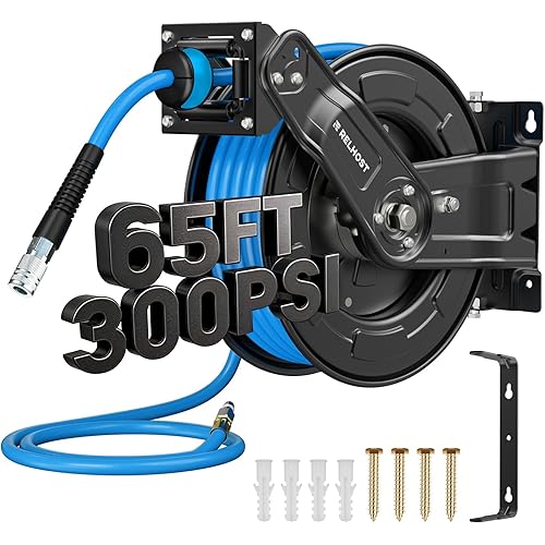 Retractable Air Hose Reel, 65 ft x 3/8 in Hybrid Air Hose Max 300PSI, Heavy Duty Air Compressor Hose Reel with Dual Arms, Auto Rewind, 180° Swivel Ceiling/Wall Mount for Garages, Workshops