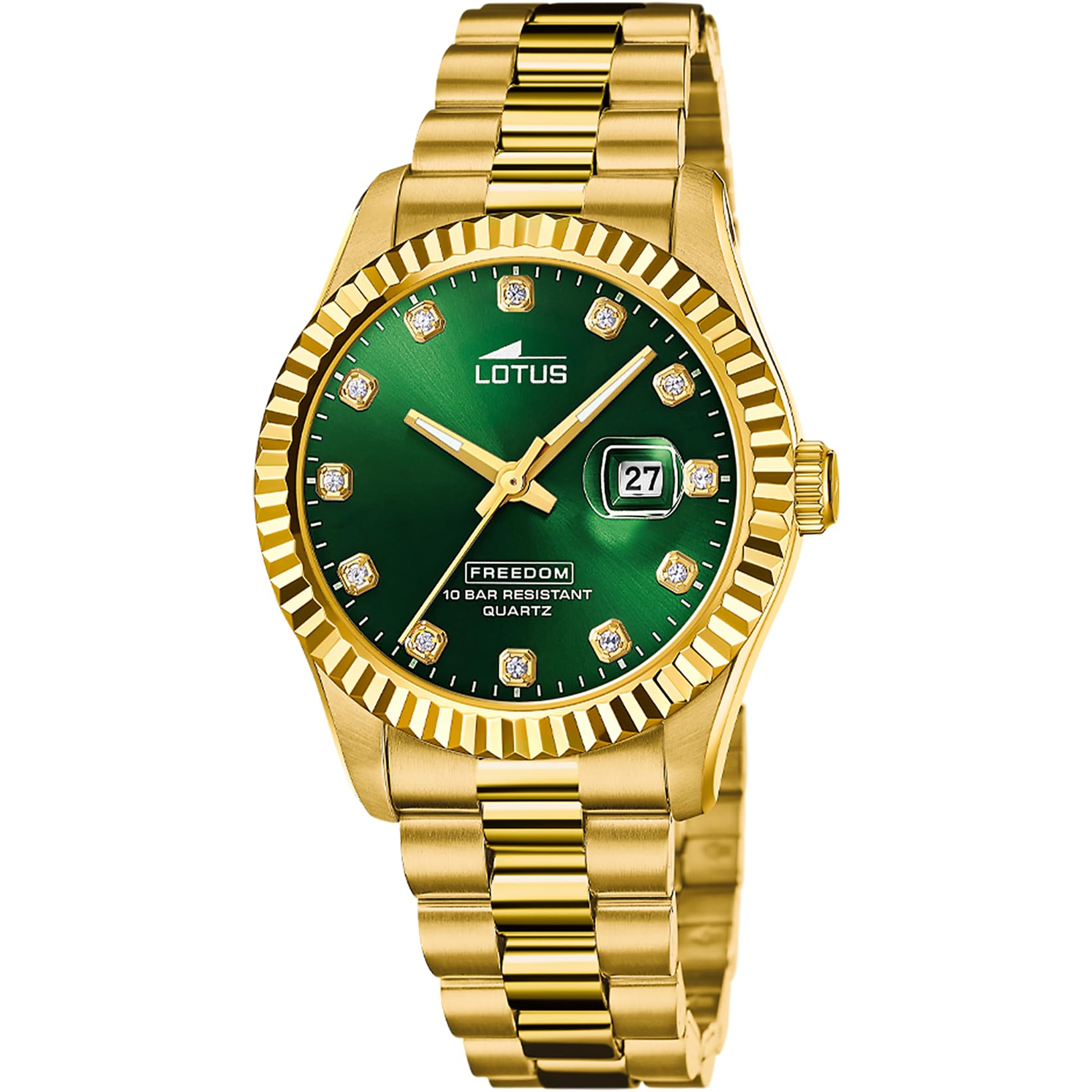 LOTUS Reloj Hombre Analógico de Acero Inoxidable 316l Dorado - Movimiento de Cuarzo - Calendario - Cristal Mineral de Alta Resistencia - Resistente al Agua 10 ATM 19005/3 Freedom