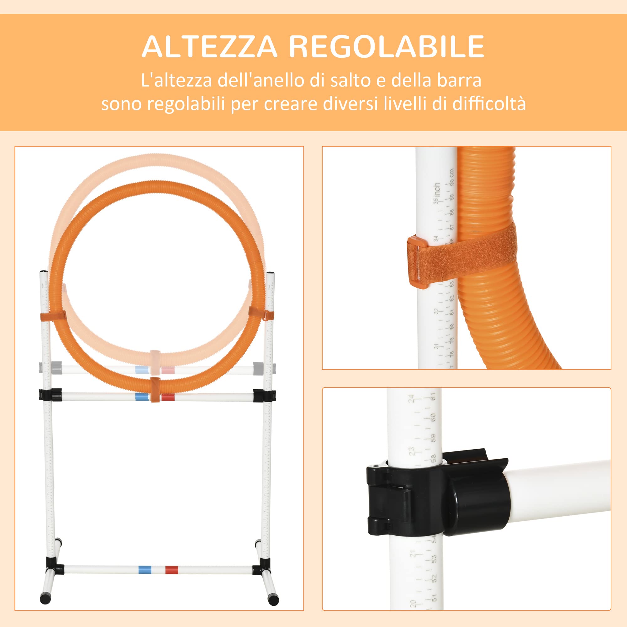 PawHut Set Agility Dog Portatile con Anello e Sbarra, Multiuso e Salvaspazio, con Borsa da Trasporto Inclusa, 74.5x66x91cm, Bianco e Arancione