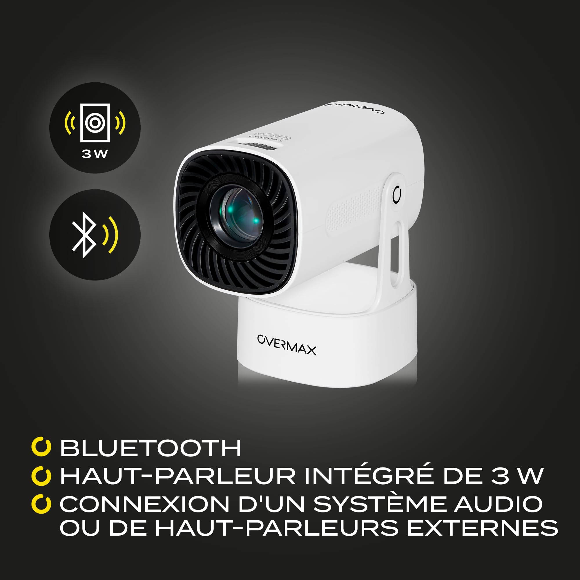 OVERMAX MULTIPIC EZ Mini Projecteur 4K FullHD avec Batterie Amovible, Correction Keystone, Image Jusqu'à 200", Wi-FI Bluetooth 5.3, 2000 Lumen 120 ANSI, Projecteur Étoile, Télécommande, Android 9.0