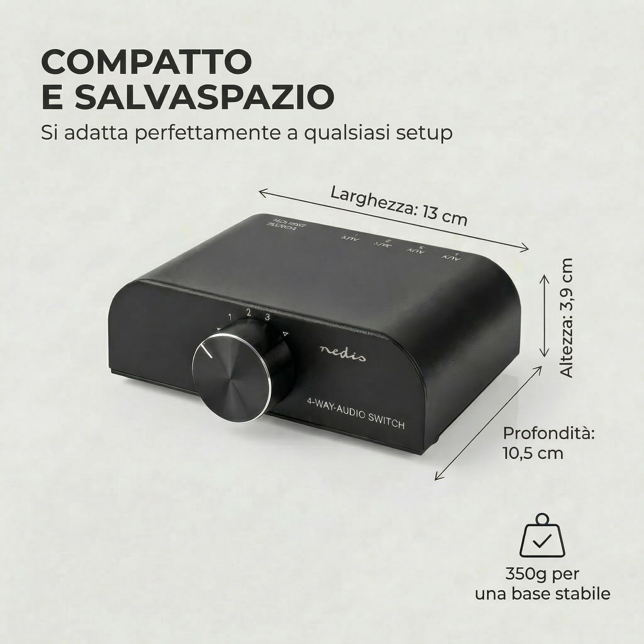 Nedis Interruttore audio analogico | 4 porte porte (s) | Connettori – Ingresso: 1 ingresso audio da 3,5 mm / 3 x (2 x RCA femmina) | Connettori – Uscita: 1 x (2 x RCA femmina) | Manuale | Metallo |