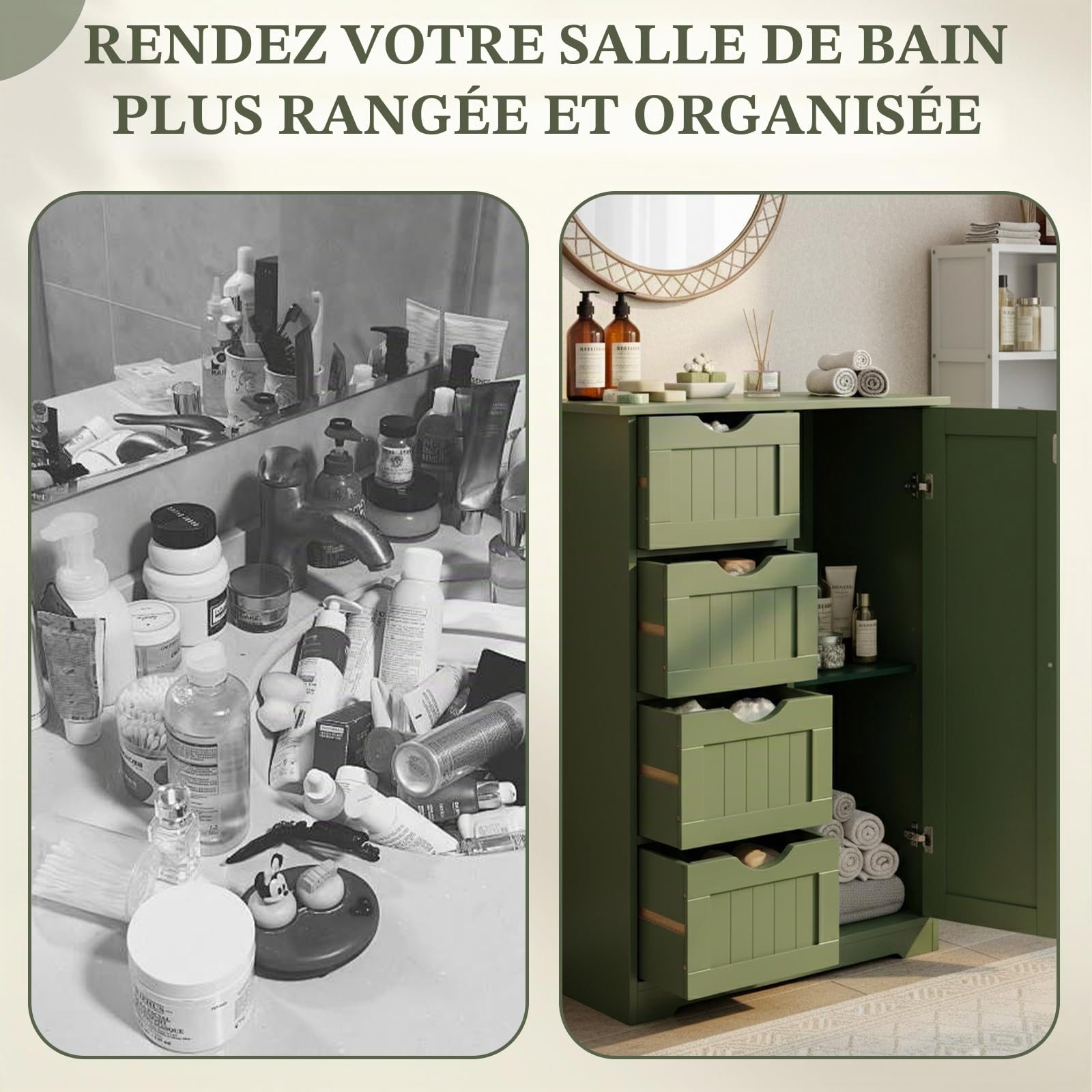 LEADZM Meuble Salle de Bain Rangement，avec étagères Réglables Vert Forêt | équipé de 4 Tiroirs, Convient pour Le Salon，la Cuisine，la Chambre à Coucher，Conception Anti-basculement