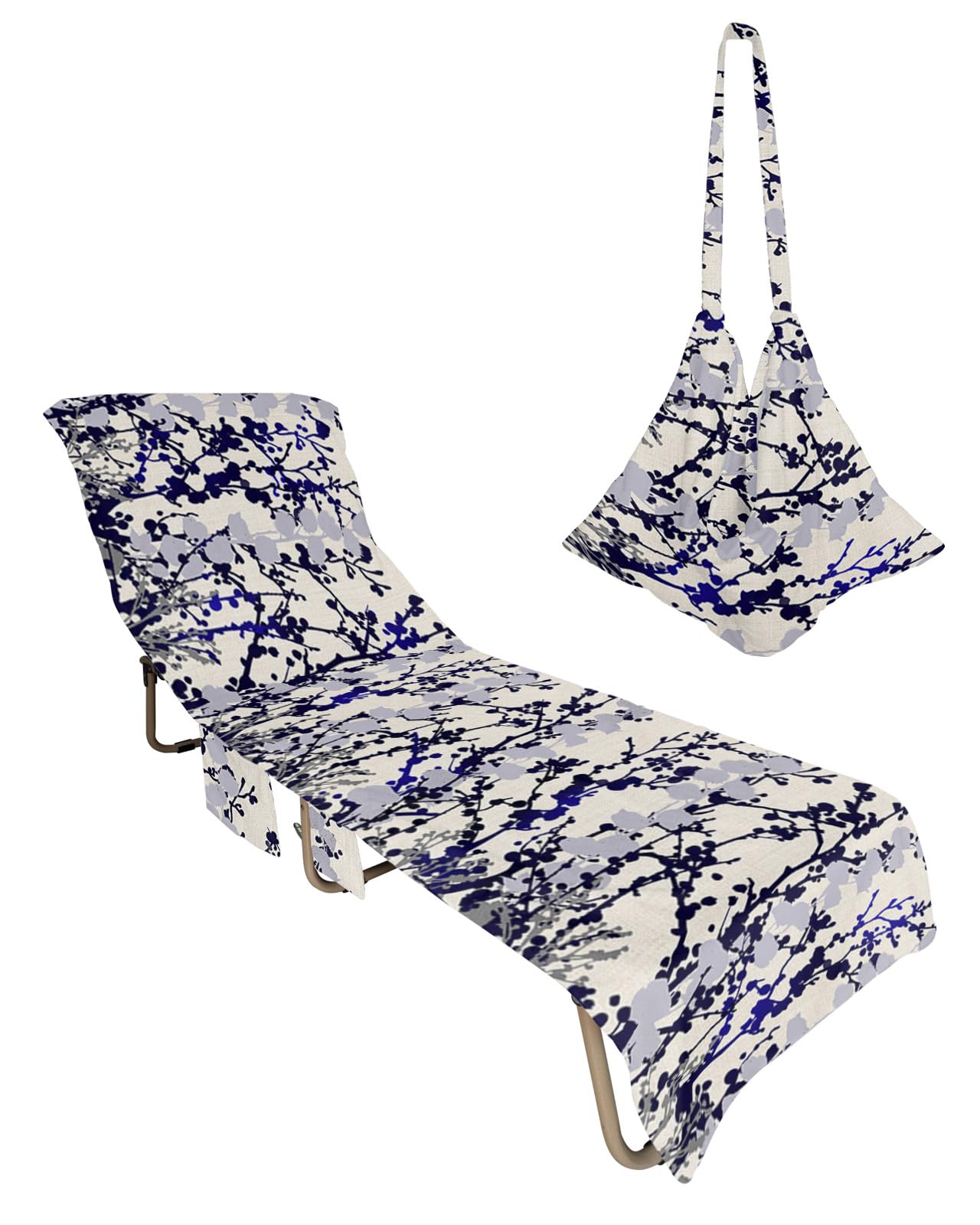 Blakc Grey Blue Branches Beach Lounge Chair Towel Cover, Soft Chaise Lounge Towel with Side Pockets Patio Pool Chairs Cover for Beach/Pool Sunbathing 29x85 Watercolor Botanical Rustic Abstract