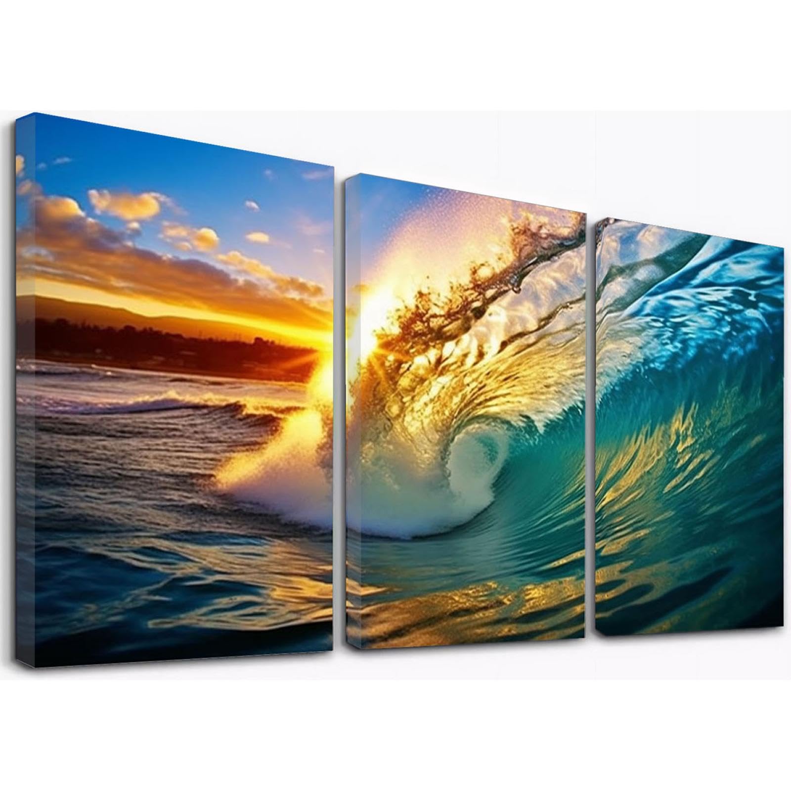 海辺の風景画 3枚セット キャンバスアート Amazon.co.jp: CcacHe 海 3枚 はじめての絵画 キャンバス, 夕日の海岸