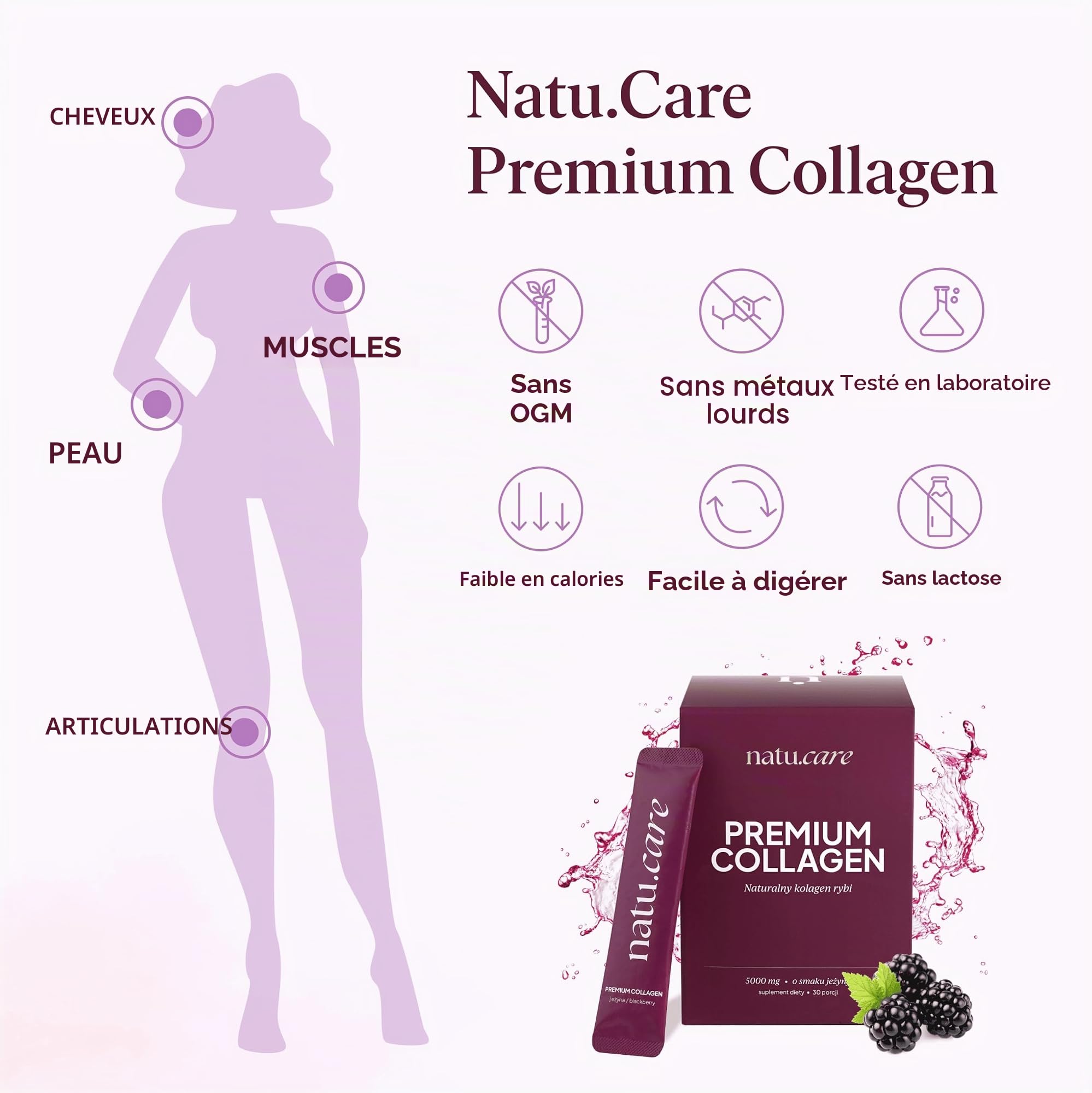 natu.care - Poudre de collagène naturelle 5000 mg - Poudre de collagène hydrolysate - Poudre de collagène marine avec vitamine C - Peptides de type 1 - Poudre de collagène haute dose pour la peau (30