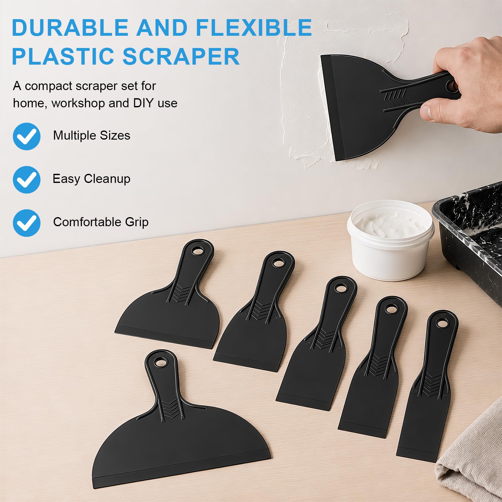 6 Pack Plastic Putty Knife Set, 6 Assorted Sizes 1.5" 2" 3" 4" 6" 8" Flexible Plastic Scraper Tools for Spackling, Drywall Repair, Patching, Caulking & Wallpaper Removal — Amazon image 2