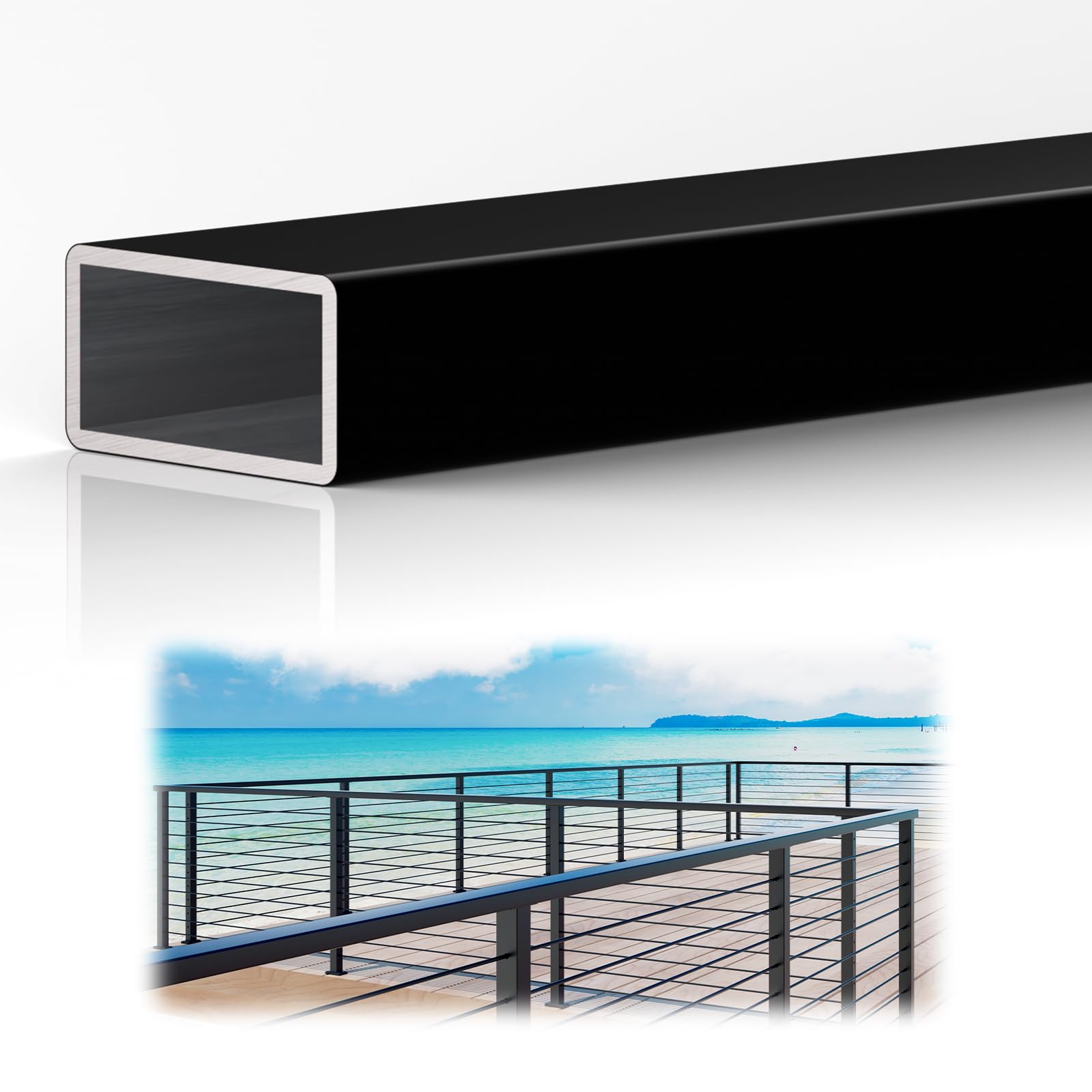 1 Pack 6FTx 2-3/8"x1-3/16 Aluminum Black Handrail with Self Drilling Screws Nylon End Caps, 5 Year Outdoor No Fading, 3mm Thick Flat Handrail Cuttable