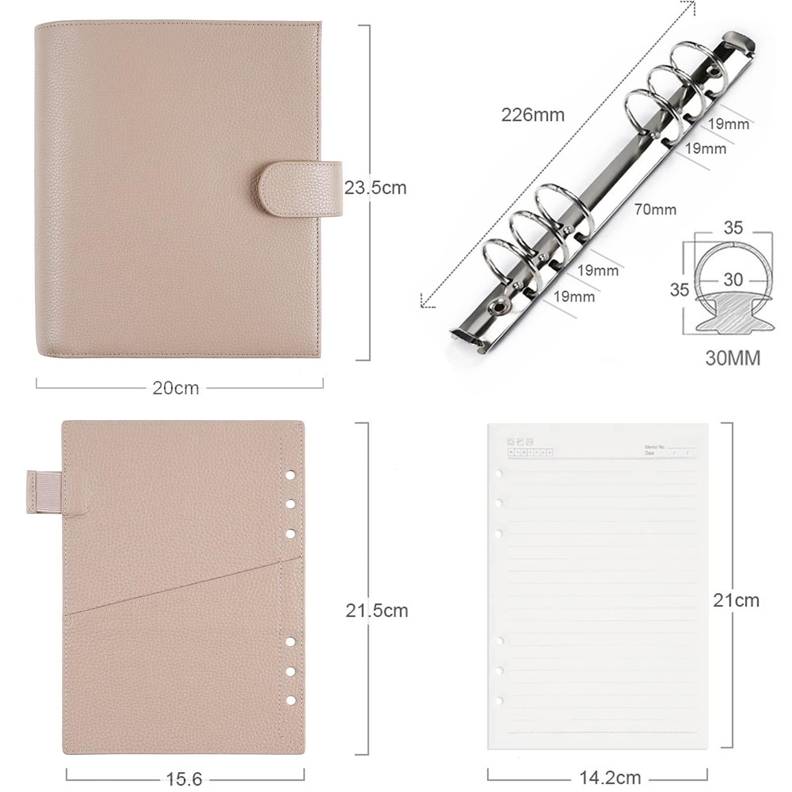 Moterm A5 Luxe Raccoglitore con Anelli - Organizer in Vero Cuoio (Ghiaia-Taupe, Anello da 30mm)