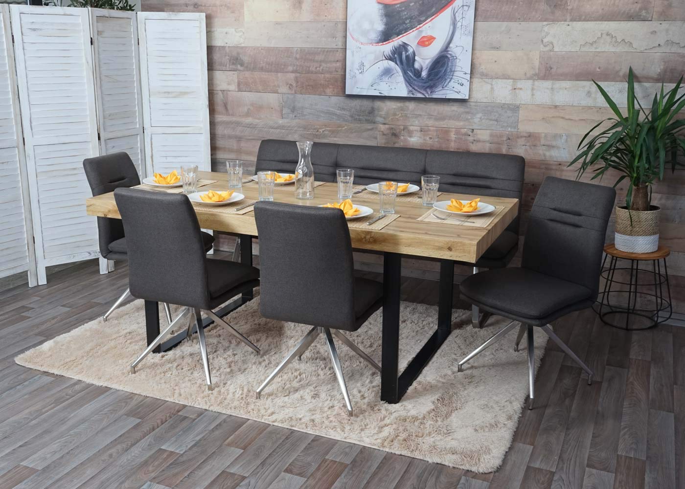 Mendler Banco de comedor HWC-H70, banco tapizado, respaldo de tela/textil de acero inoxidable cepillado, color gris-marrón, 180 cm