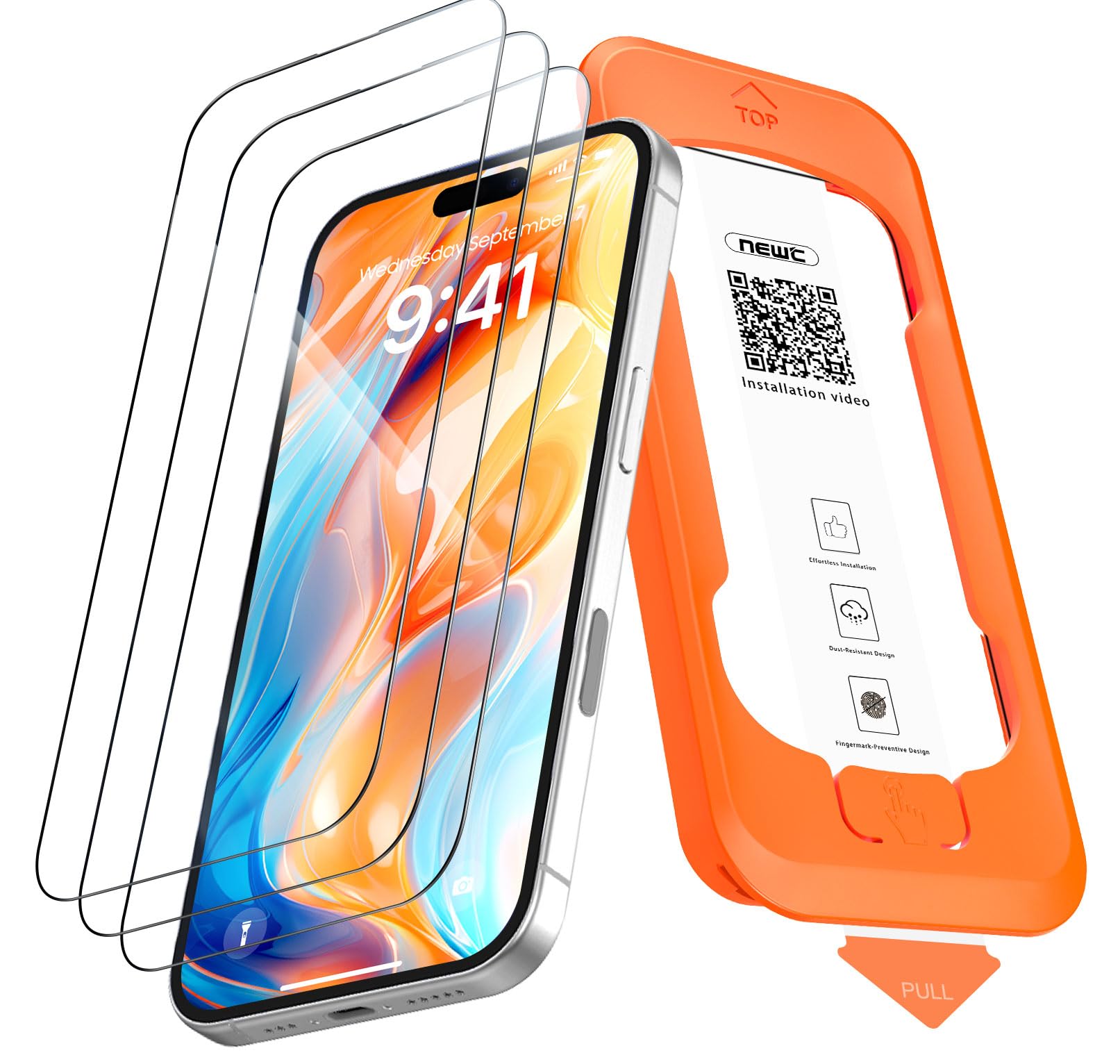 NEW'C 3 Piezas, Protector de pantalla Cobertura total para iPhone 16 Plus, iPhone 15 Plus 6,7 pulgadas [Instalación Automática], Cristal Vidrio Templado - Ultra Resistente - Efectivo contra Rayones Global Recycled Standard Global Recycled Standard Global Recycled Standard