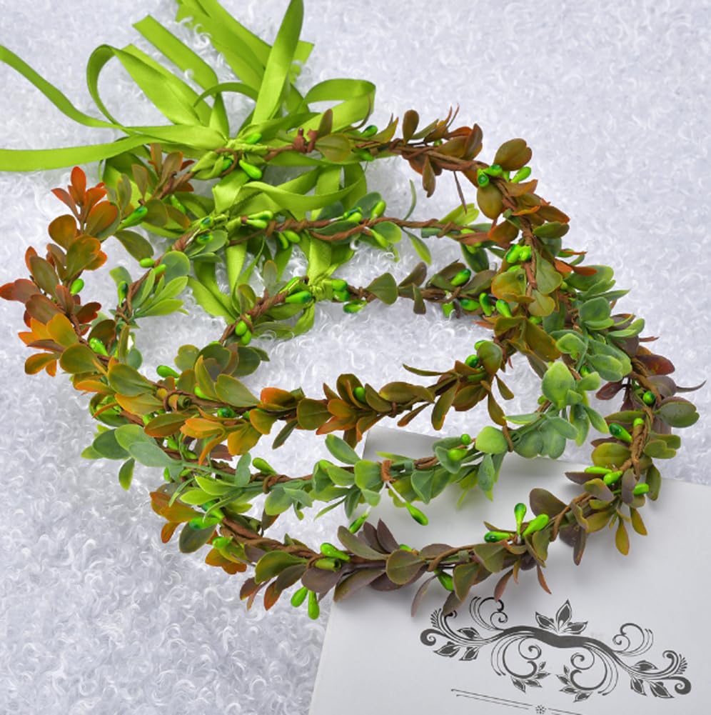 Green Boho Leaf Crown Bridal Flower Crown Floral Headband Bohemian Headpiece with Adjustable Ribbon for Wedding Vacation Party Festival Photo Prop - Image 4
