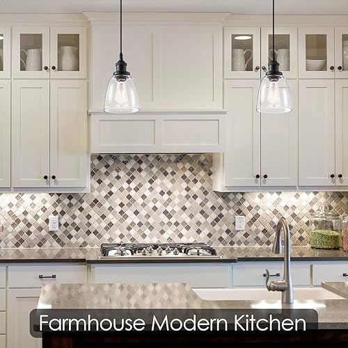 Miniatura 8 de Lámpara colgante sobre isla, iluminación industrial de vidrio transparente, cable ajustable para fregadero, cocina, isla de comedor, negro, 1 paquete