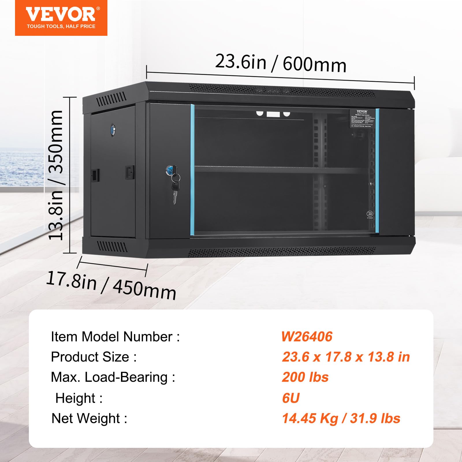 VEVOR Sieciowa szafka serwerowa do montażu na ścianie 6U, głębokość 15,5 cala, obudowa szafy serwerowej, maks. 90,7 kg, nośność montowana na ziemi, z panelami bocznymi ze szklanymi drzwiami, do