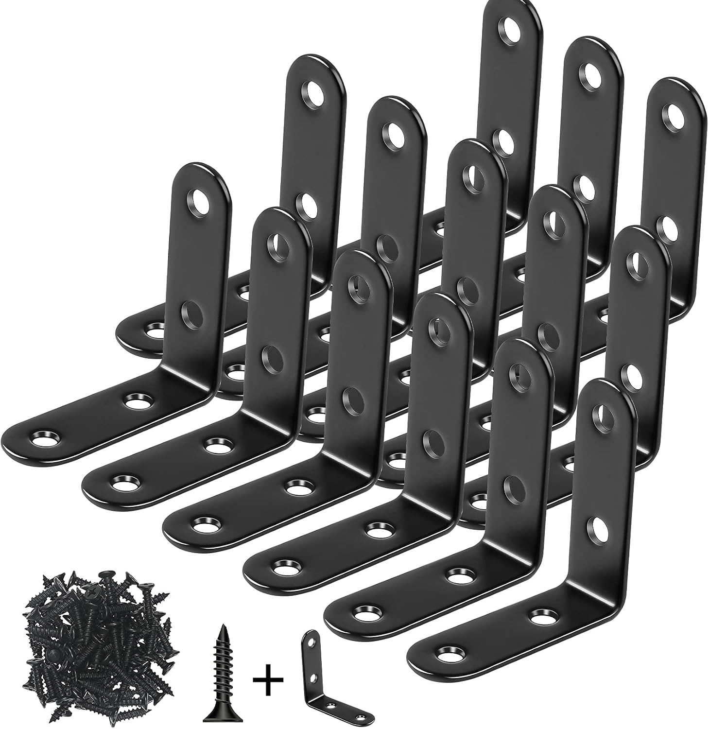 Jetmore 14 Pack L Bracket Corner Brace Sets, 1.96x1.96 Inch Black Stainless Steel 90 Degree Right Angle Brackets Fastener with Screws for Wood, Shelves, Furniture, Cabinet