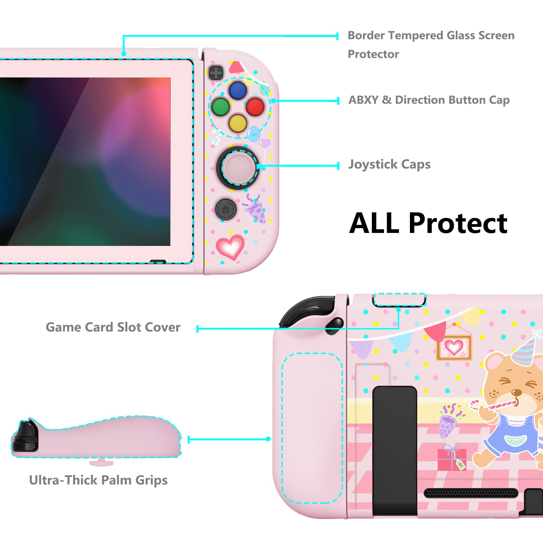 PlayVital ZealProtect Weiche Schutzhülle für Nintendo Switch Konsole Joy Con, Case Hülle Cover Zubehör für Switch mit HD Klar Schutzfolie&Sticks Kappen&ABXY Richtungstastenkappen(Geburtstagsparty) - 5