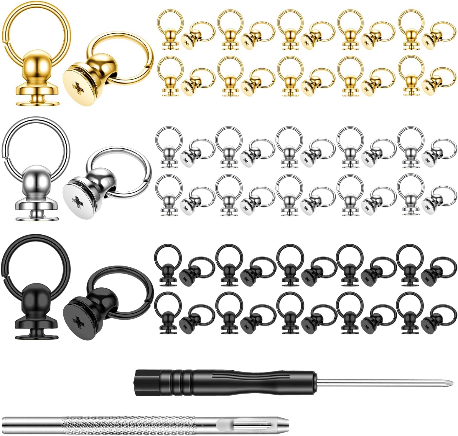 DOPENSPI 60 Pcs Screwback Round Head Rivets with Pull Ring, 3 Color Metal DIY Leather Craft Rivets Studs Rivet Button Ball Studs Rivet Leather Craft Accessories with Installation Tool for Purse Belt B