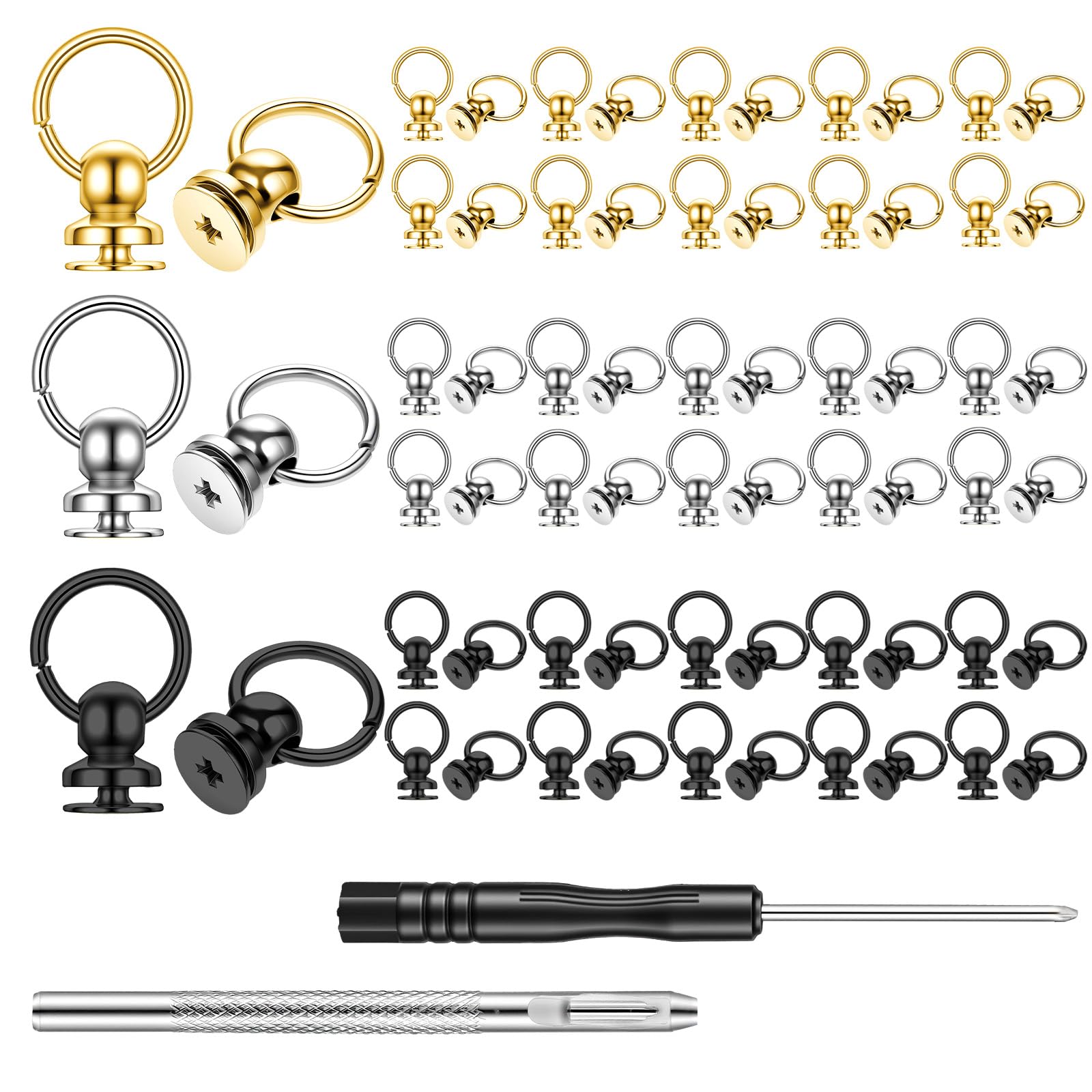 DOPENSPI 60 Pcs Screwback Round Head Rivets with Pull Ring, 3 Color Metal DIY Leather Craft Rivets Studs Rivet Button Ball Studs Rivet Leather Craft Accessories with Installation Tool for Purse Belt B