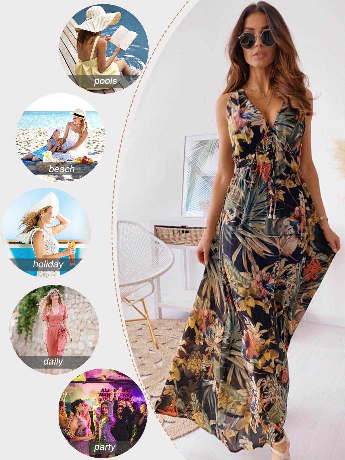 Yutdeng Letnia sukienka damska plażowa długa letnia sukienka na co dzień zakrzywione eleganckie dekolt w serek bez rękawów sukienka boho z kwiatowym nadrukiem seksowna długa suknia wieczorowa