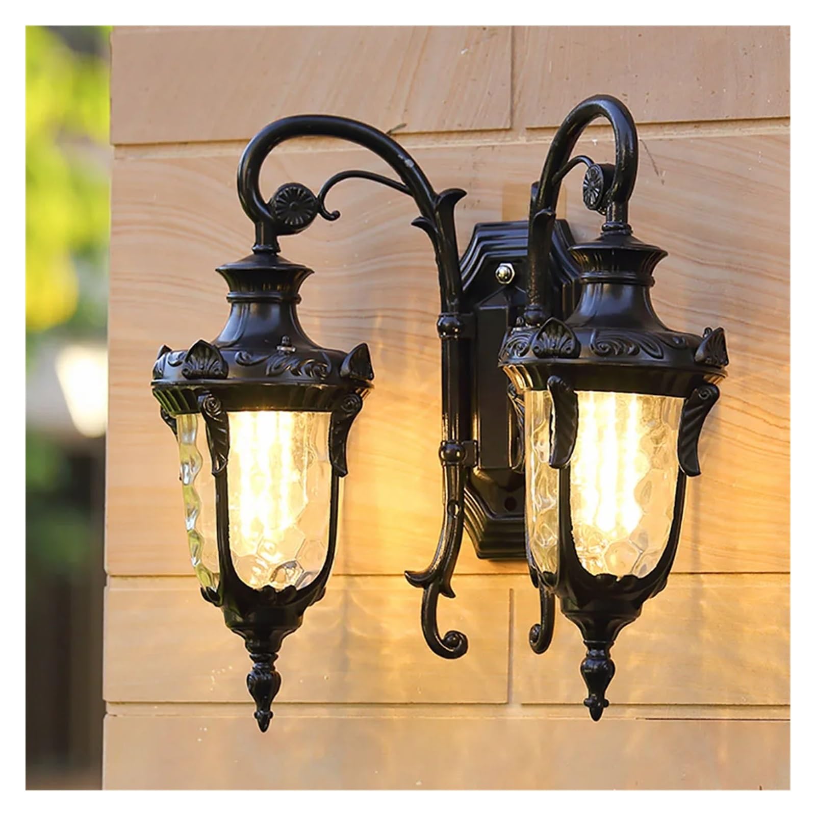 CWCQGH Wall Sconces, Wall Light Fixtures Retro Porch Lamp Exterior Nighting Sconce Compatible with House Front Door Garage Patio Bronze+Glass E27,Black Double Head