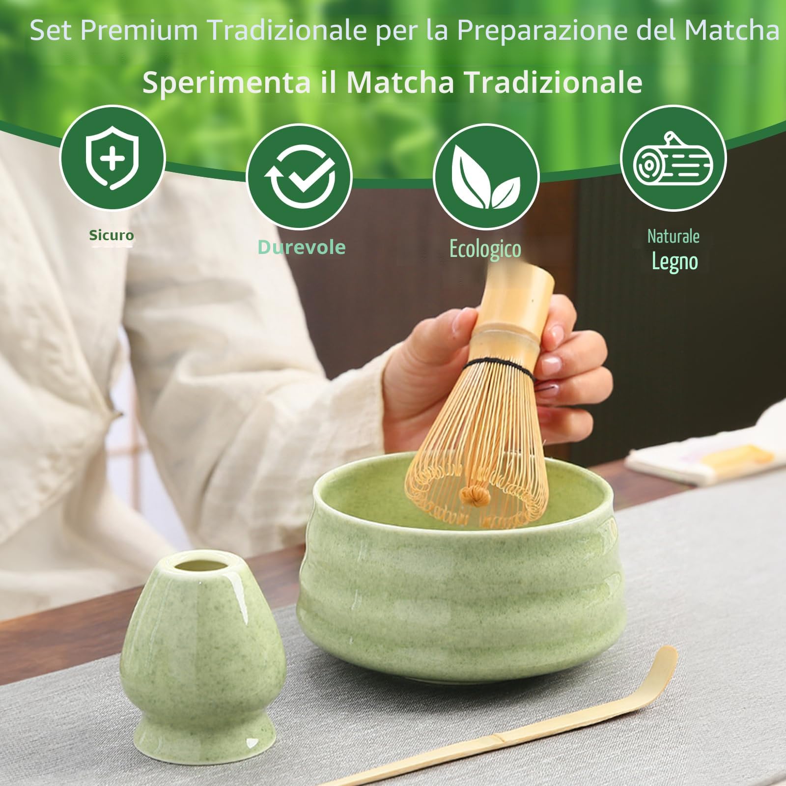 8 Pezzi Matcha Kit, Matcha Tea Kit, Ciotola Matcha, Matcha Whisk, Supporto Chasen, Cucchiaio di Matcha, Setaccio, Tovagliolo da Tè, Portacucchiaio, Set Matcha per Principianti Regalo