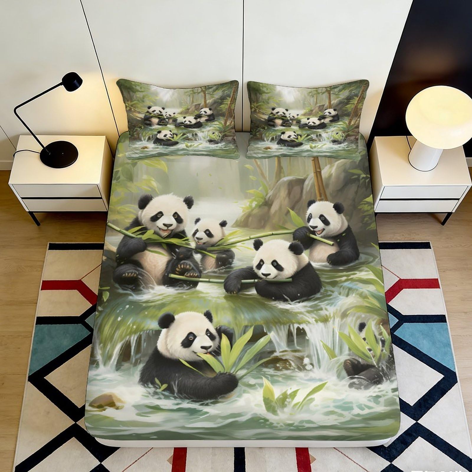3D Printed Panda Animal Fitted Sheet Microfiber Soft Breathable Bamboo Pattern Bed Cover for Bedroom Dormitory Guest Room Mattress Protection 200x200x25cm