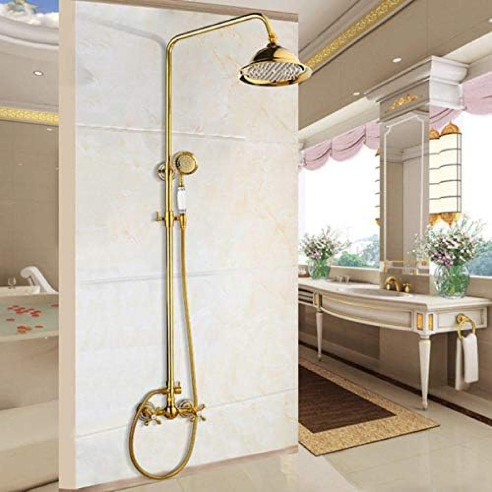 JYBNBBE Shower Faucets Gold Brass Bathroom Shower Mixer Tap Faucet Set Rain Shower Head Round Wall Mounted Bathtub Faucet Sets