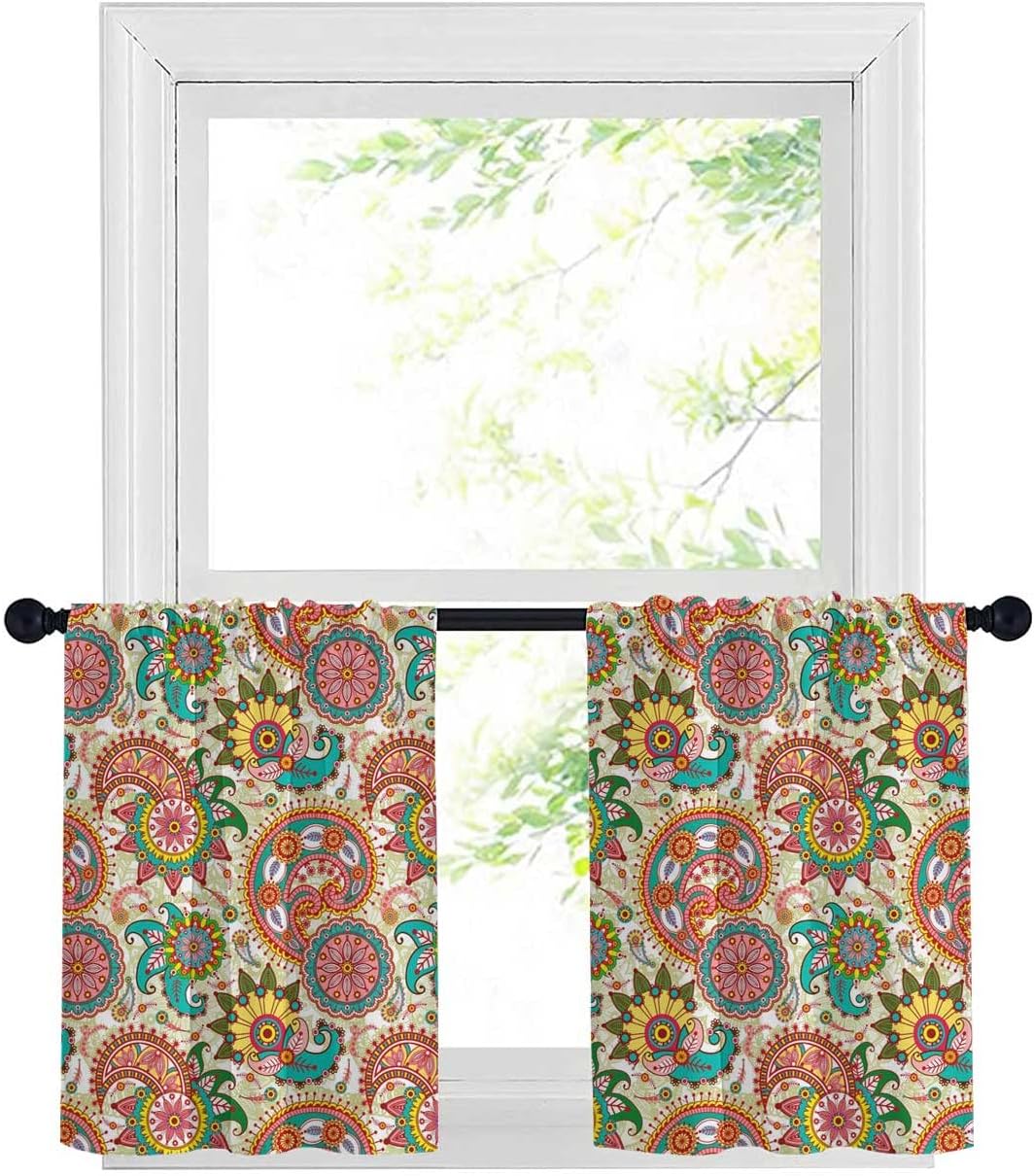 Boho Short Curtains, Blackout Insulated Curtain for Kitchen Bathroom Bedroom, Bohemian Floral Pattern Rod Pocket Fabric Window Treatments 2 Panel Set, 30" W x 24" L, Yellow Cyan