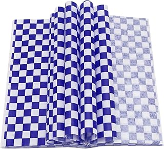 Deli Paper Sheets, 100 Sheets Wax Paper Sandwich Wrap Paper Blue Checkered Paper Basket Liners Food Wrapping Papers Picnic Food Basket Liners for Wrapping Bread Sandwiches