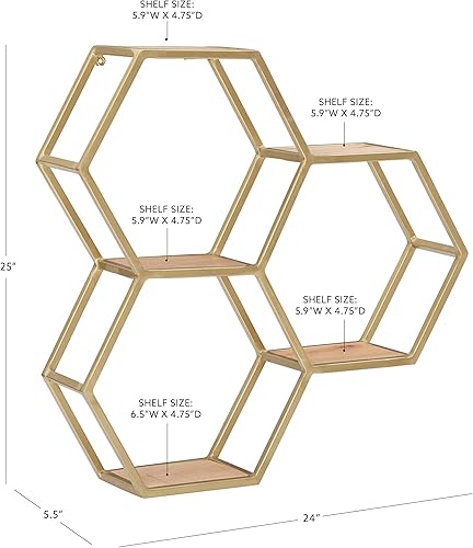 Vista 3 de Dealya Gold Metal Honeycomb Wall Shelves with Wood Shelves by Powell