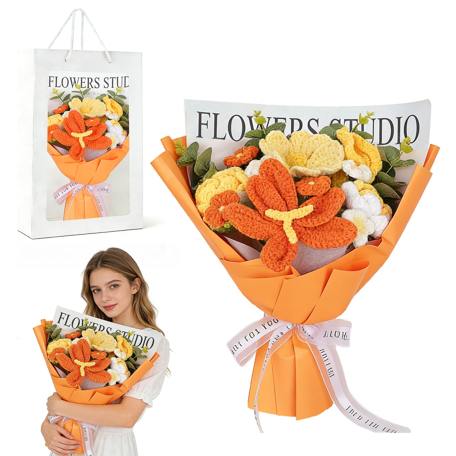 RNPKZ Crochet Flowers Bouquet, Rose Handmade Knitted Bouquet, Crochet Flower Bouquet with Gift Bag, Knitted Flower Bouquet, for Mother's Day, Valentine's Day, Graduation, Birthday,Anniversary (Yellow) — image 1