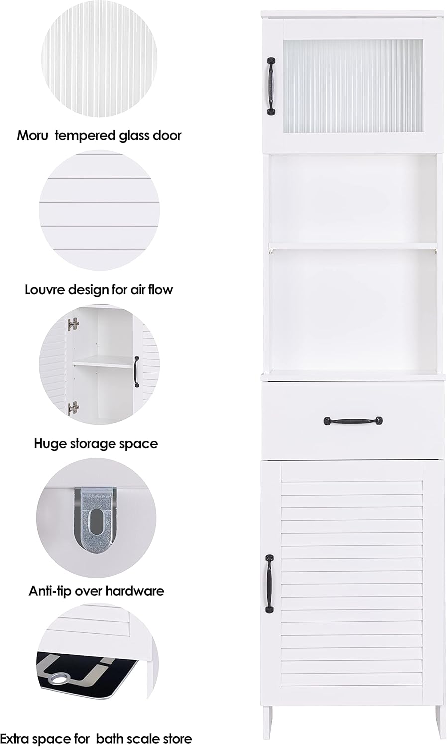 Spirich Tall Bathroom Storage Cabinet, Floor Narrow Linen Cabinet with Single Door and Drawers, Freestanding Wood Cabinet for Bathroom, Living Room, Kitchen, Whtie