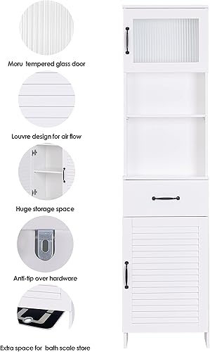 Miniatura 12 de Spirich Armario de almacenamiento alto para baño, armario de almacenamiento de piso con puertas dobles y cajones, gabinete de madera independiente