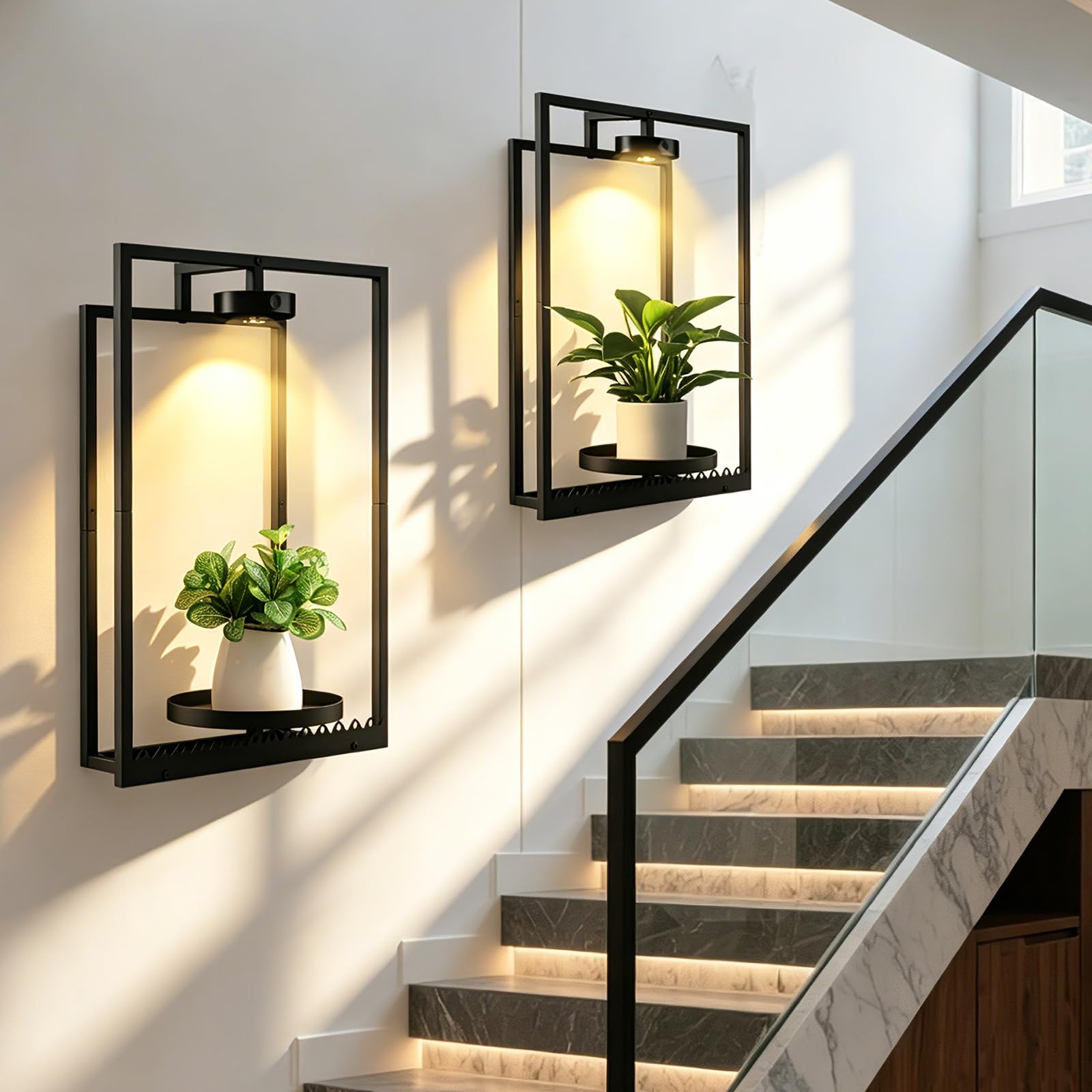 Lot de 2 supports de plantes suspendus en métal avec télécommande, cadre photo, support mural avec lumière de croissance, support mural pour fleurs, plantes, jardin, balcon (2 pièces)