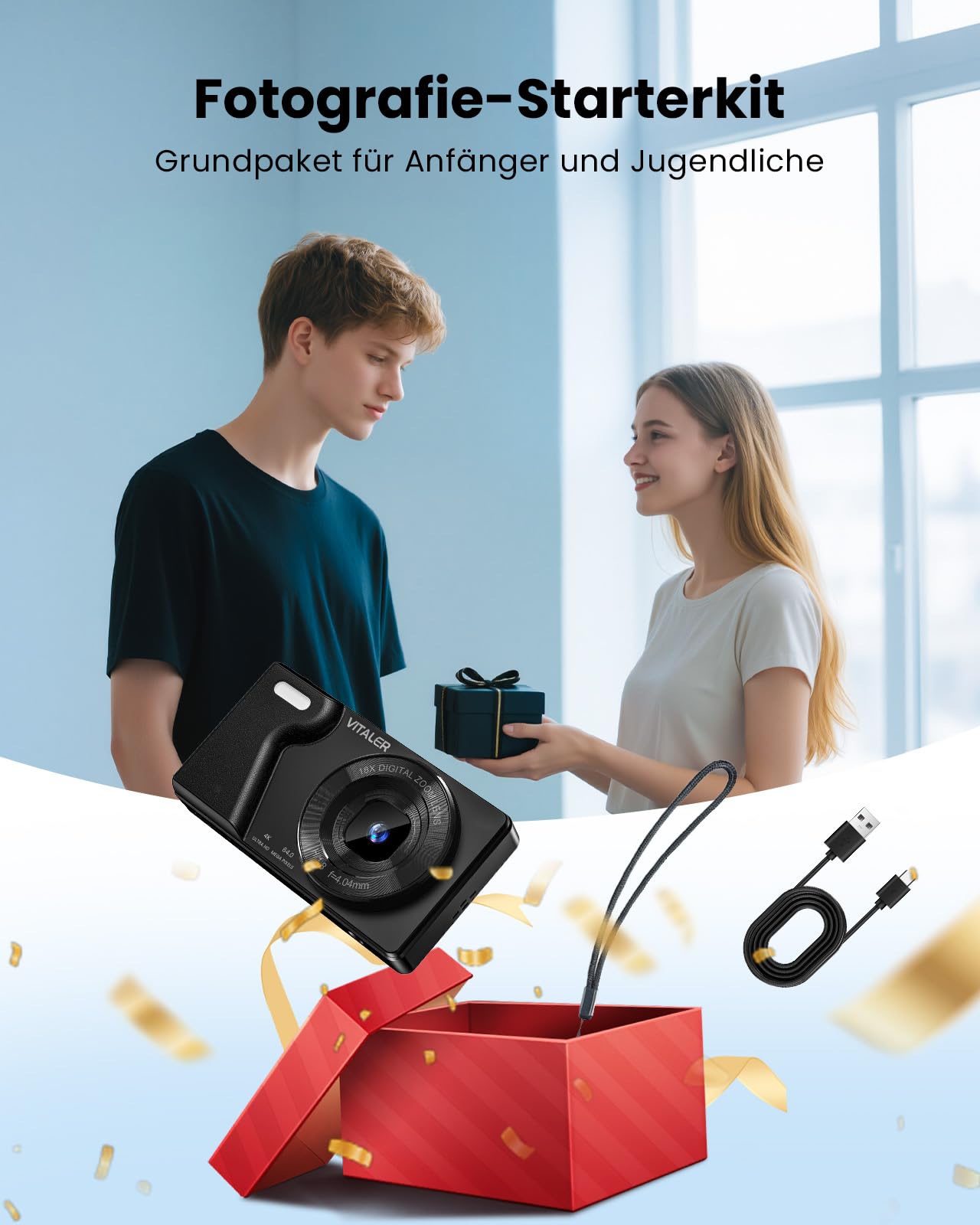 Digitalkamera 64MP 4K Doppelobjektiv Zinklegierung 2000mAh Akku 2,8" LCD 18X Digitalzoom Autofokus Kompaktkamera Schwarz