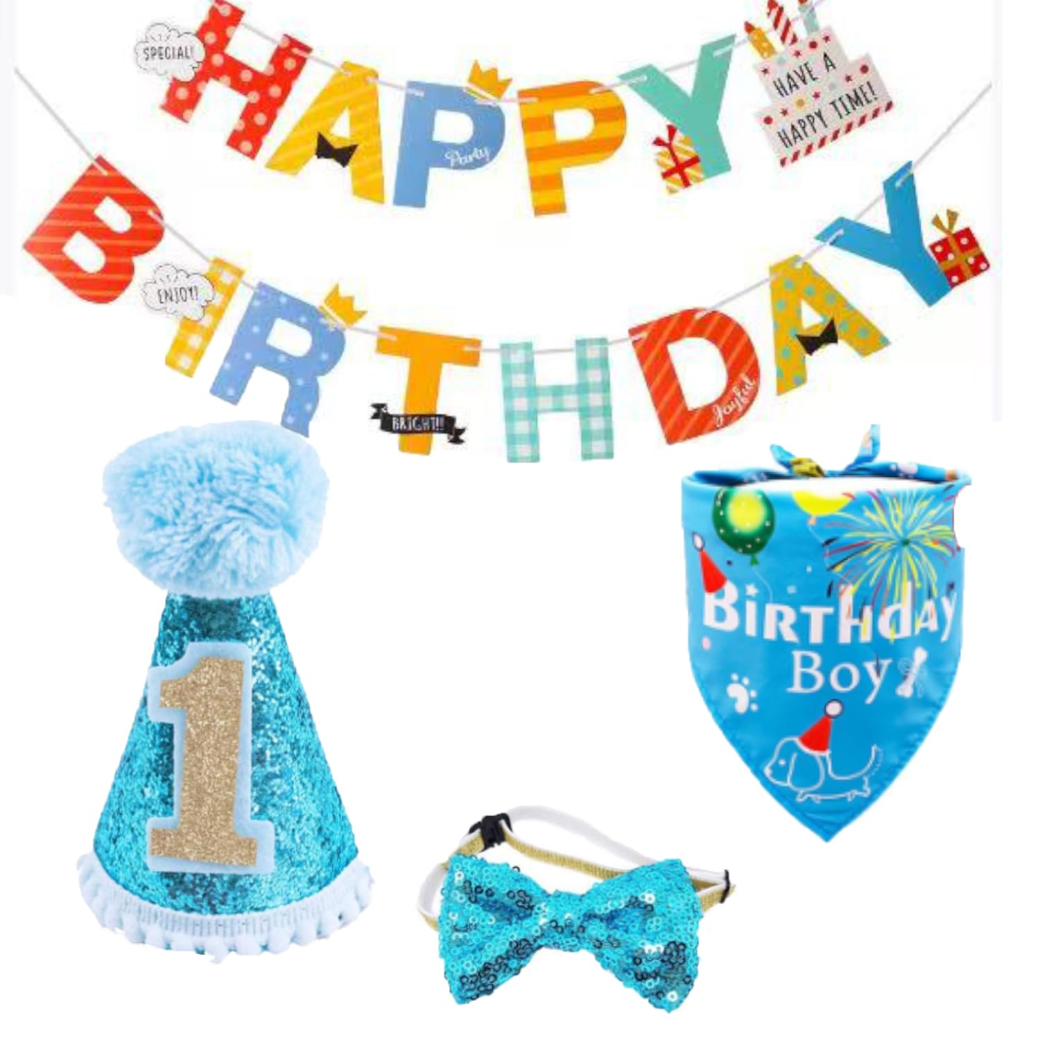 BIPY Dog 1st Birthday Hat Bandana Set for Boys Small Medium Dogs Cats Soft Bibs Doggy Party Grooming Supplies Celebration Birthday Bandana Shipped Randomly-Blue โ image 1