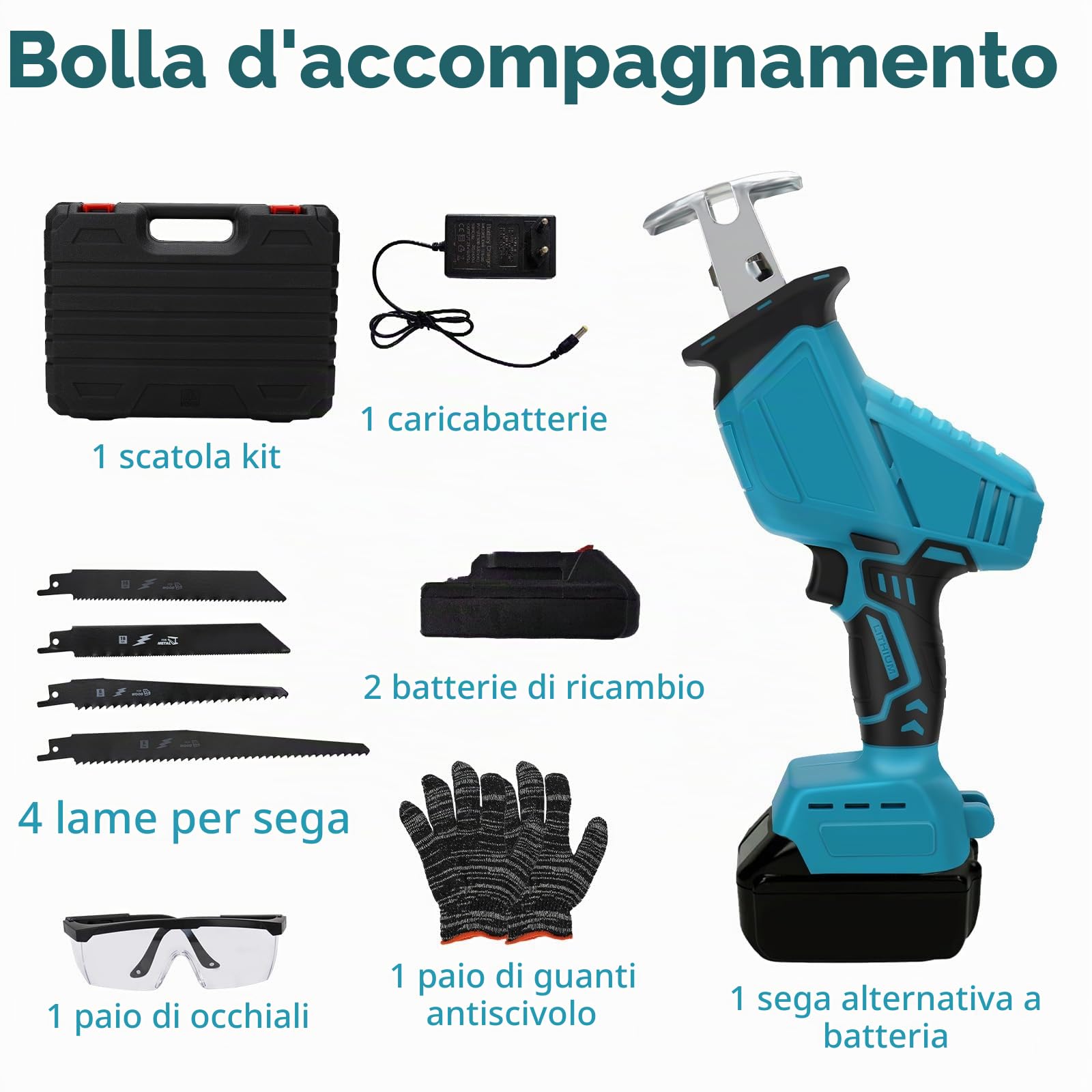 Sega Alternativa Compatibile con Makita 18V, Sega Gattuccio Elettrica a Velocità Variabile, Sega Manuale Elettrica con Cambio lama senza Attrezzi, Adatto per Tagliare Legno e Metallo (Due Batterie)