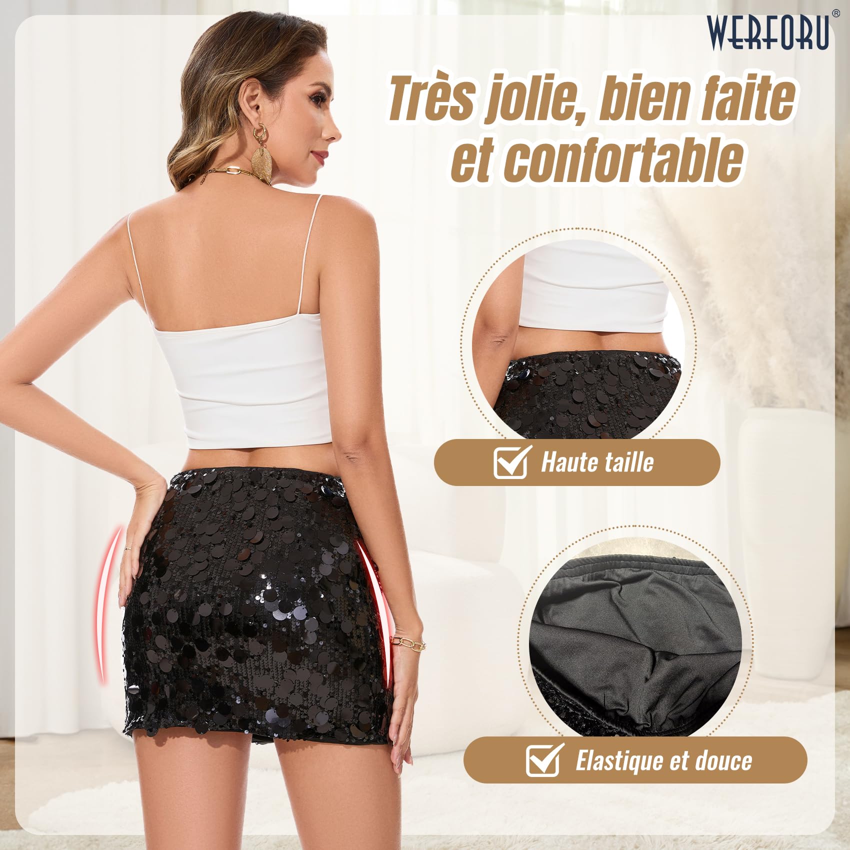 WERFORU Jupe à Paillettes pour Femme Mini-Jupe Extensible Moulante Scintillante Costume de Carnaval Pétillant pour Club et Noël