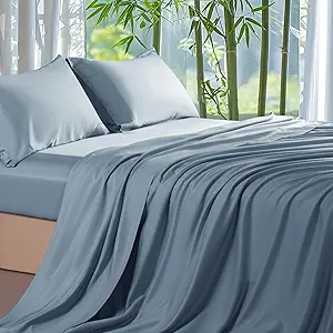 Shilucheng 100% Viscose Derived from Bamboo_ Sheets King Size 4pcs - Ultra Cooling & Silky Soft Bed Sheets, 16" Deep Pocket, Perfect for Hot Sleepers, Hotel Bedding Sheets (French Blue)