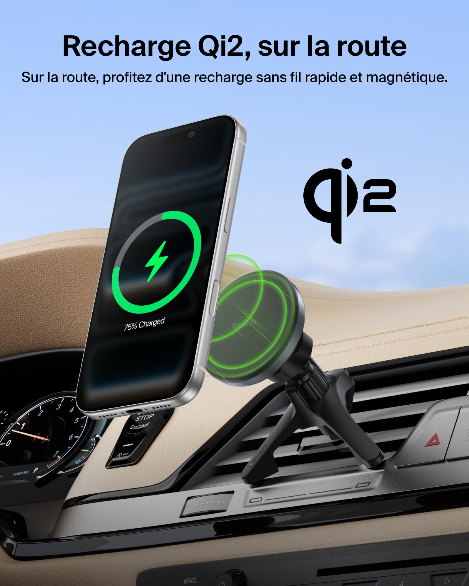 Belkin Chargeur de Voiture sans Fil, Support de Voiture Magnétique avec Câble USB-C, Compatible MagSafe, Recharge Rapide pour iPhone 17, Galaxy S25, Pixelsnap, etc., Accessoire De Voiture Qi2 - Noir
