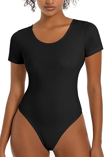 jstarloves Round Neck Short Sleeve Bodysuits for Women Basic Stretch Slim Fit Shapewear