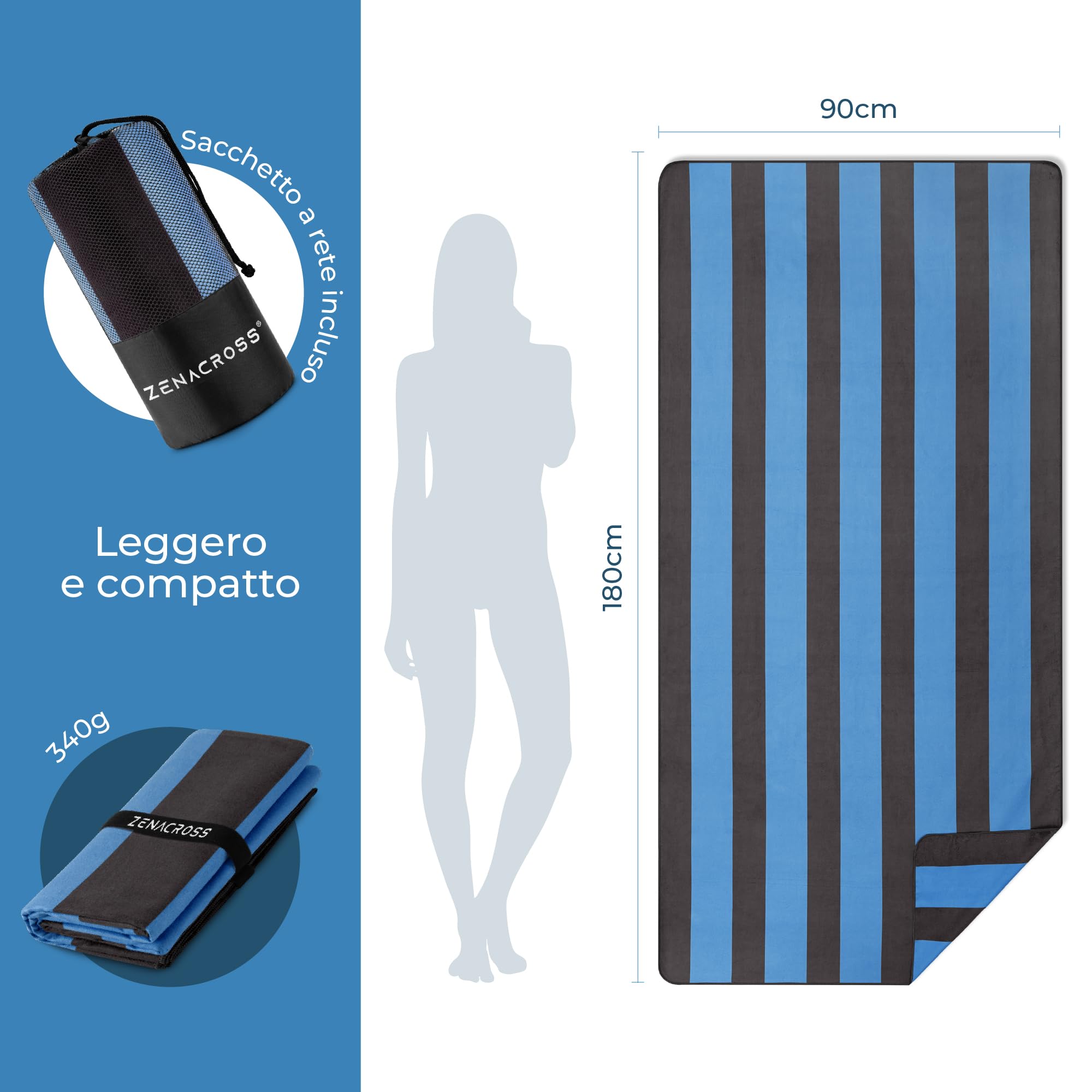 Zenacross - Telo Mare Microfibra - Asciugatura Rapida e Anti-Sabbia - Légère, fine et séchant rapidement - Asciugamano Grande Telo Mare XXL 90x180 cm - Nero e blu