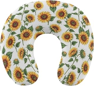 Women's Neck Pillow for Daily Use, Portable Comfy Memory Foam U Shaped Pillows for Travel, Versatile Pillow for Office Napping, Sunflower Floral White