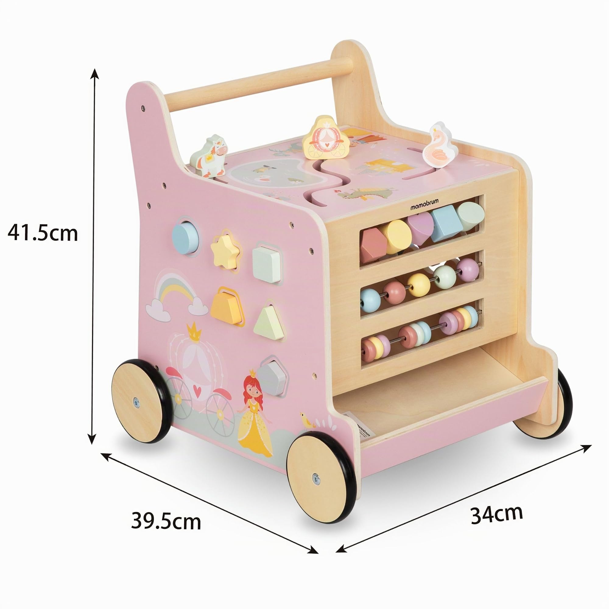 Mamabrum Trotteur en bois pour enfants, poussoir 2 en 1, cube moteur, jouet d'éducation précoce : porteur, trieur, labyrinthe, boulier, blocs avec chiffres, curseur, roues antidérapantes