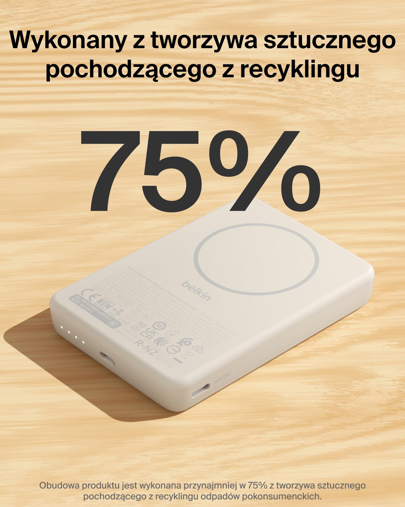 Belkin BoostCharge Magnetyczny Powerbank 10 000 mAh, Pierścień – Piaskowy | Powerbank Bezprzewodowy 10 000 mAh, Pierścień Magnetyczny do Akcesoriów, 2 Porty USB-C, Wstępnie Naładowany, Kabel w Zestawie