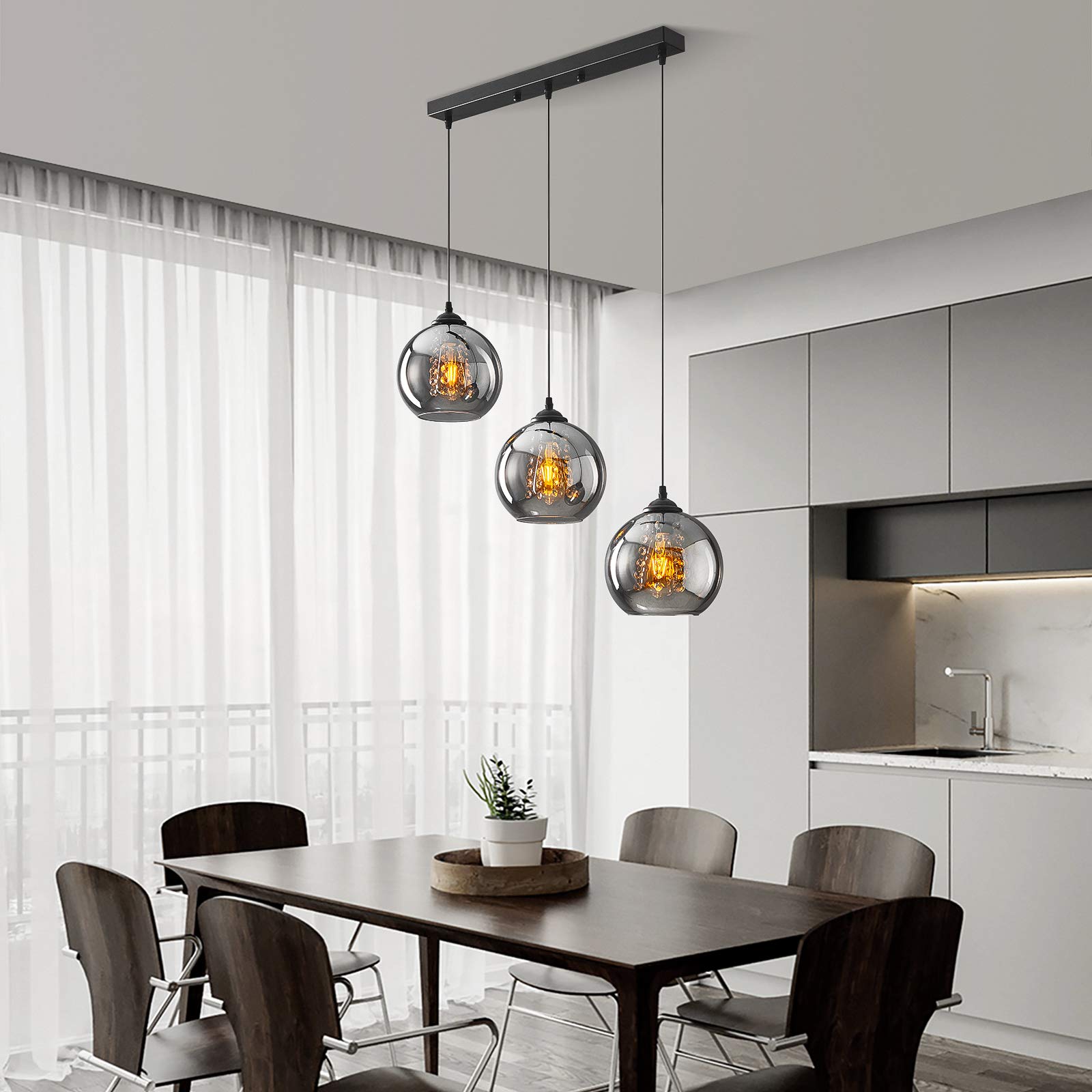 Pendelleuchte Glas Kugel Hängelampe Industrial Deckenlampe Grau | Vintage Hängeleuchte kronleuchter Metall für Wohnzimmer Zimmer Esszimmer Pendellampe Retro Deckenleuchte Küchenlampe 3-flame