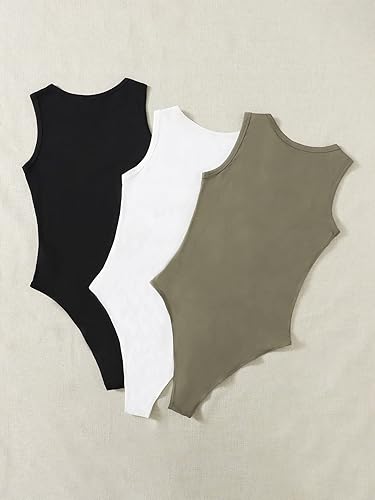 Vista 3 de Milumia Conjunto de 3 mamelucos sin mangas para mujer, cuello redondo, ajustados