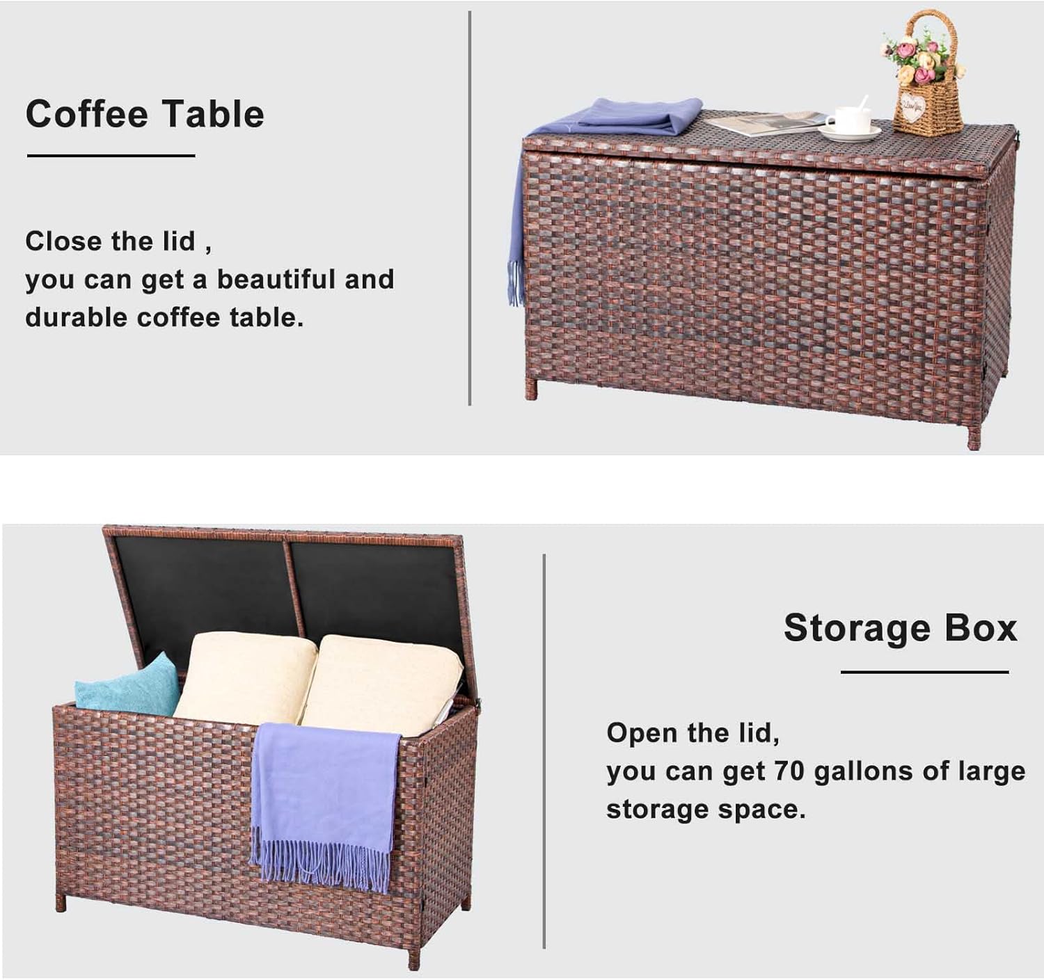 DIMAR GARDEN Outdoor Storage Deck Boxes with Waterproof Cover 70 Gallon,Patio Wicker Storage Box,Brown