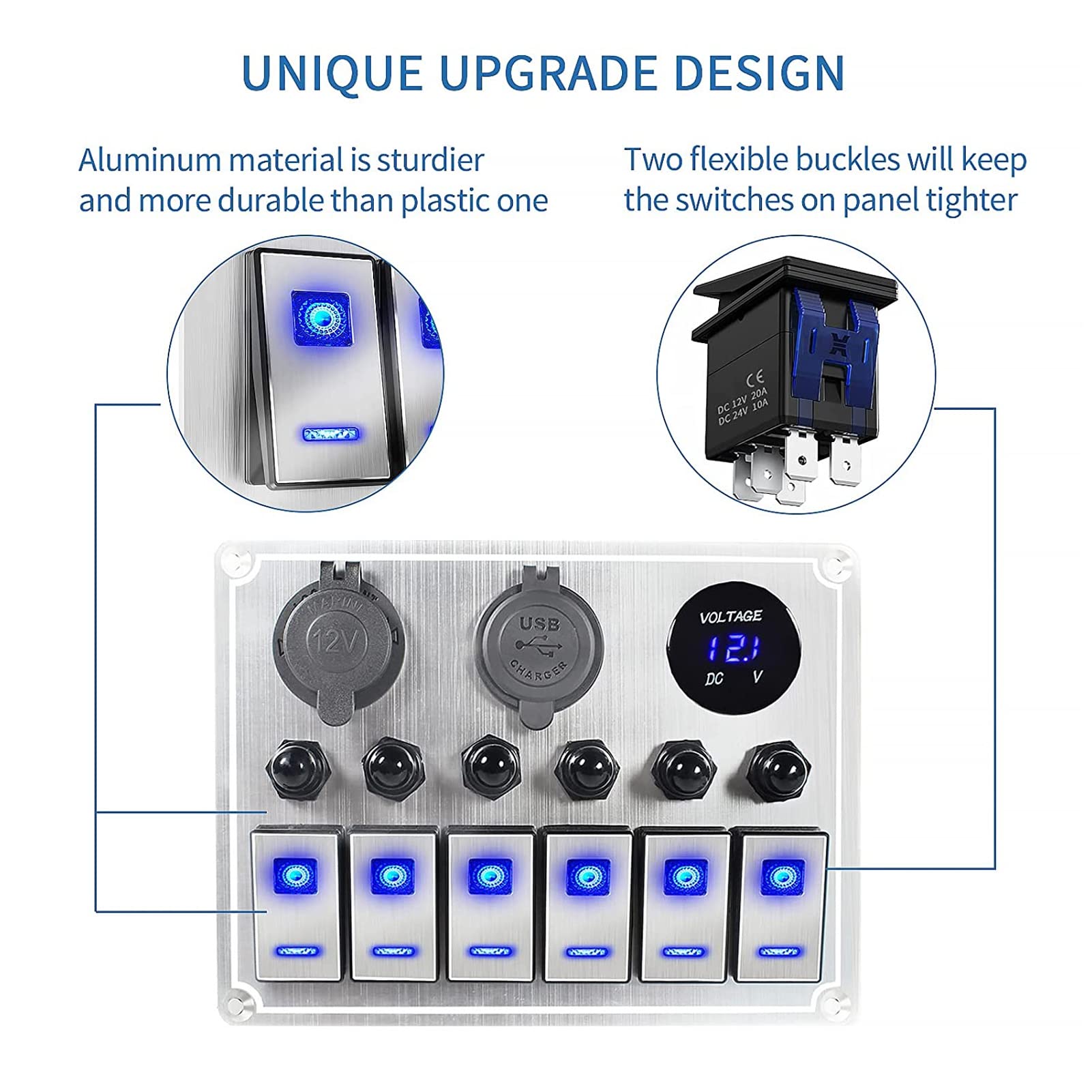 Pannello interruttori a bilanciere a 6 bande 12V 24V Pannello interruttori a levetta a 5 pin con doppio LED blu e interruttore automatico per auto, roulotte, moto,