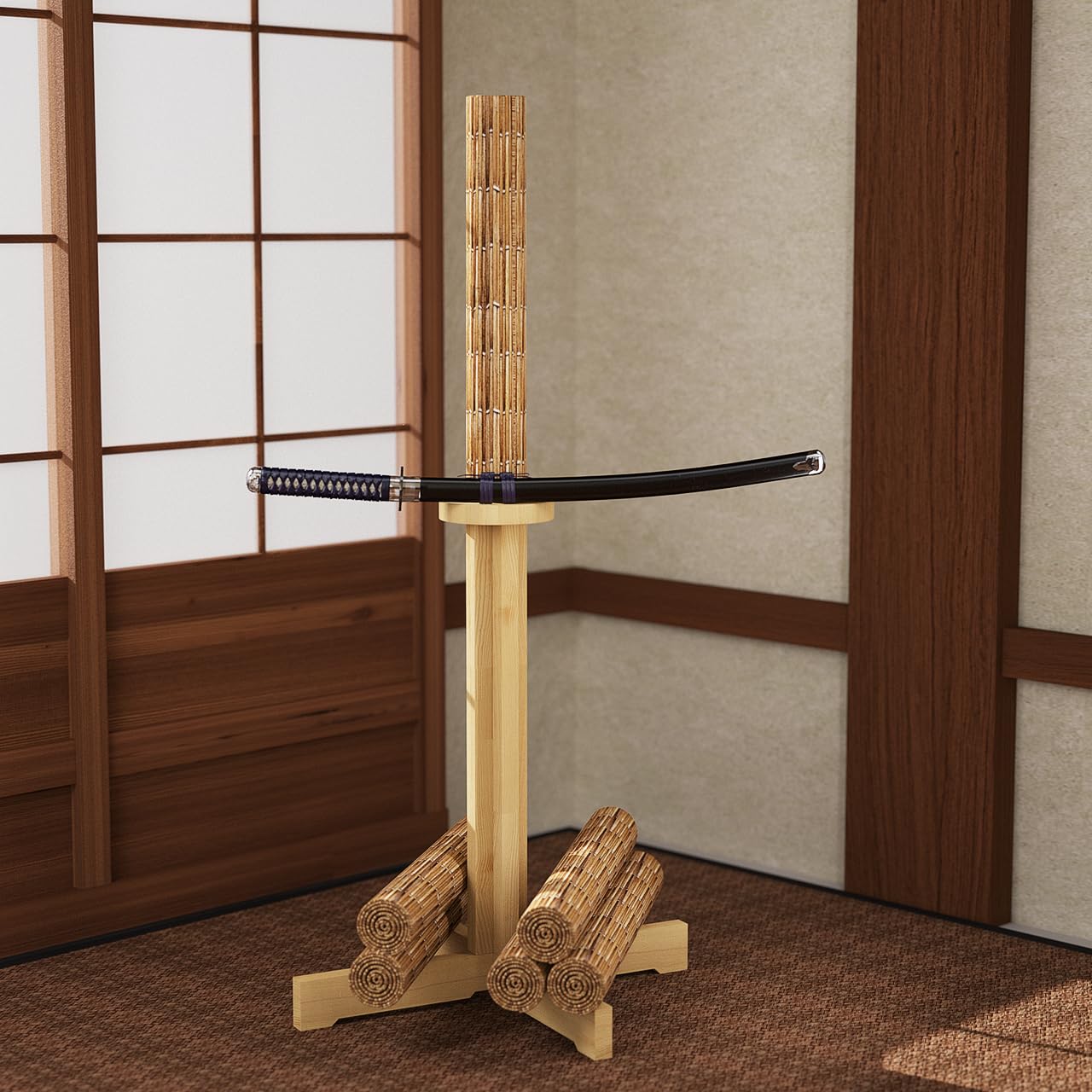 MR Kendo Tameshigiri Übungsständer aus Holz, robuster Tameshigiri-Schwert-Übungsständer, 109,2 cm, natürliches Gummibaumholz, Kendo-Stick, Katana-Schwert, Testschneiden, Holz-Schnullerhalter, matt